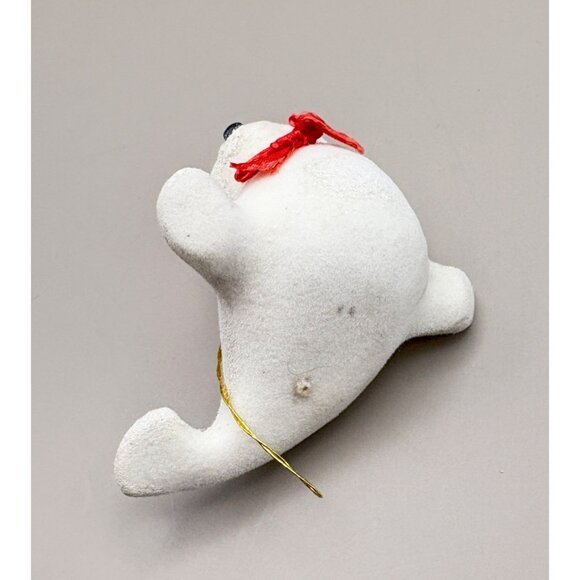 Vintage White Seal Cub Christmas Tree Ornament White with Red Bow - Picture 6 of 7